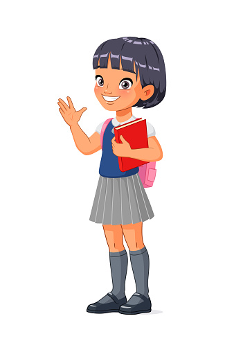 Asian school girl waving hand. Cartoon vector illustration isolated on white background.