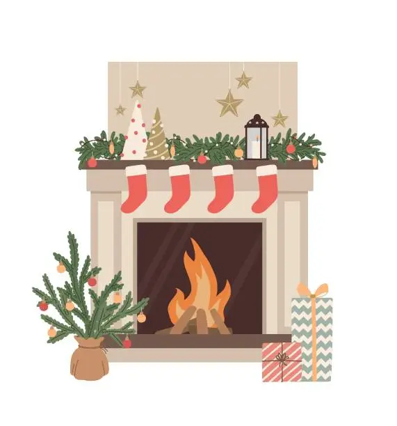 Vector illustration of Cozy Christmas fireplace with winter holiday decoration.