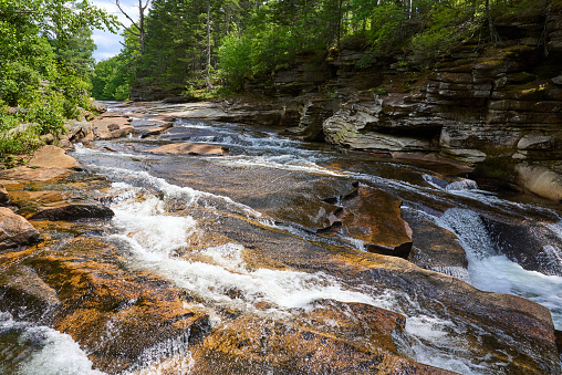Water flowing across the rocks of Lower Falls of the Ammonoosuc River, in the White Mountains of NH, near Breton Woods. The pool at the foot of the falls is a popular swimming and fishing spot