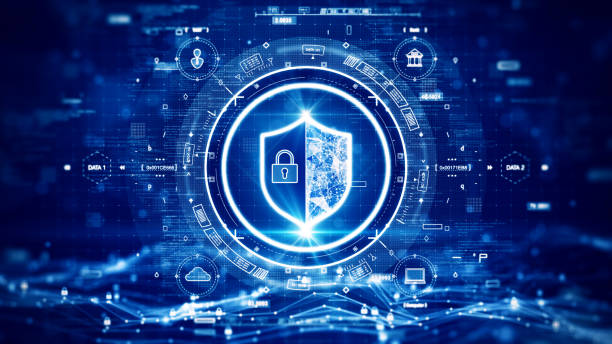 digital technology concept cyber security data protection internet network connection. prominent shield in the middle of the HUD. Binary code connects polygons on dark blue background. stock photo