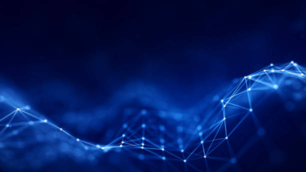 Abstract concepts of cybersecurity technology and digital data protection. Protect internet network connection with polygons, dots and lines with dark blue background, center focus, side blur. stock photo
