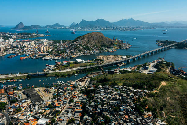 The port, Guanabara bay and start of Ponte Rio Niteroi bridge on a highway section.