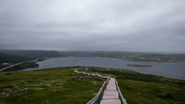 Stairs with view on the water at Tracey Hill Trail in Red Bay, Labrador