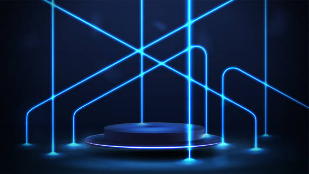 istock Empty blue podium floating in the air in dark scene with line asymmetric blue neon lamps around 1436000274