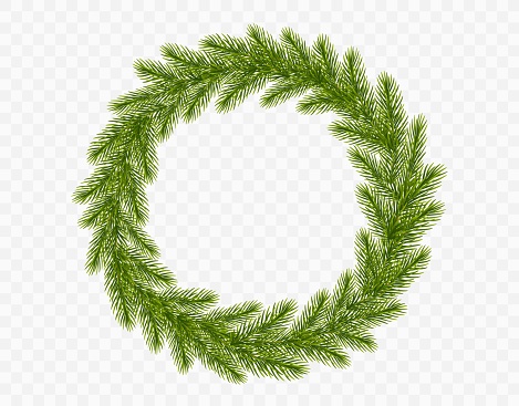 Christmas wreath of realistic fir tree branches on a transparent background. Spruce branches frame for greeting New Year and Christmas cards, banners, invitations. Vector illustration