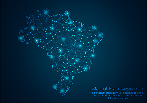 Abstract mash line and point scales on dark background with map of Brazil.3D mesh polygonal network line, design sphere, dot and structure. Vector illustration eps 10.