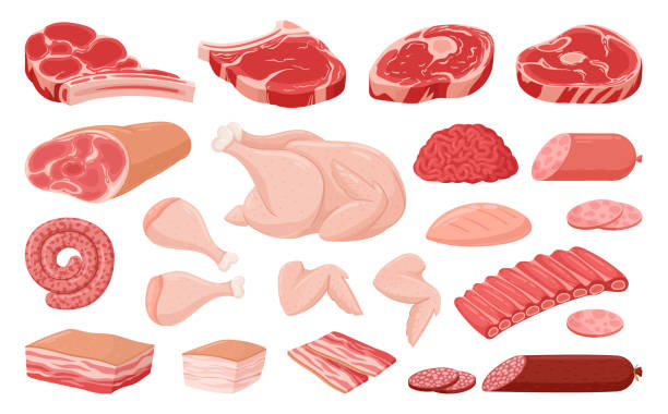 漫画の肉、鶏の胸肉、リブ、豚肉、牛肉のステーキ。生肉食品、ベーコン、ハンバーガーパティ、ビーフステーキ、ソーセージのフラットベクターイラストコレクション。肉屋の肉製品 - steak sirloin steak dinner healthy eating点のイラスト素材／クリップアート素材／マンガ素材／アイコン素材