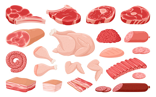 Cartoon meat, chicken breast, ribs, pork and beef steak. Raw meat food, bacon, burger patty, beef steak and sausages flat vector illustration collection. Butcher shop meat products