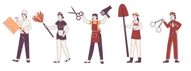 Vector illustration of Female job occupations, professional women workers. Police officer, chef and maid, gardener and hairdresser flat vector illustration set. Successful female workers in professional uniform