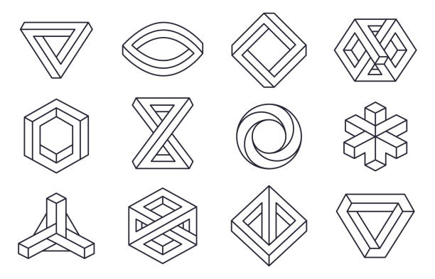 Impossible geometric shapes, unreal line figures elements. Visual optical illusion symbols, abstract delusion forms flat vector illustrations set. Optical illusion shapes collection Impossible geometric shapes, unreal line figures elements. Visual optical illusion symbols, abstract delusion forms flat vector illustrations set. Optical illusion shapes collection illusion stock illustrations