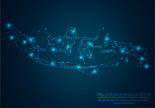 Abstract mash line and point scales on dark background with map of Indonesia.3D mesh polygonal network line, design sphere, dot and structure. Vector illustration eps 10.