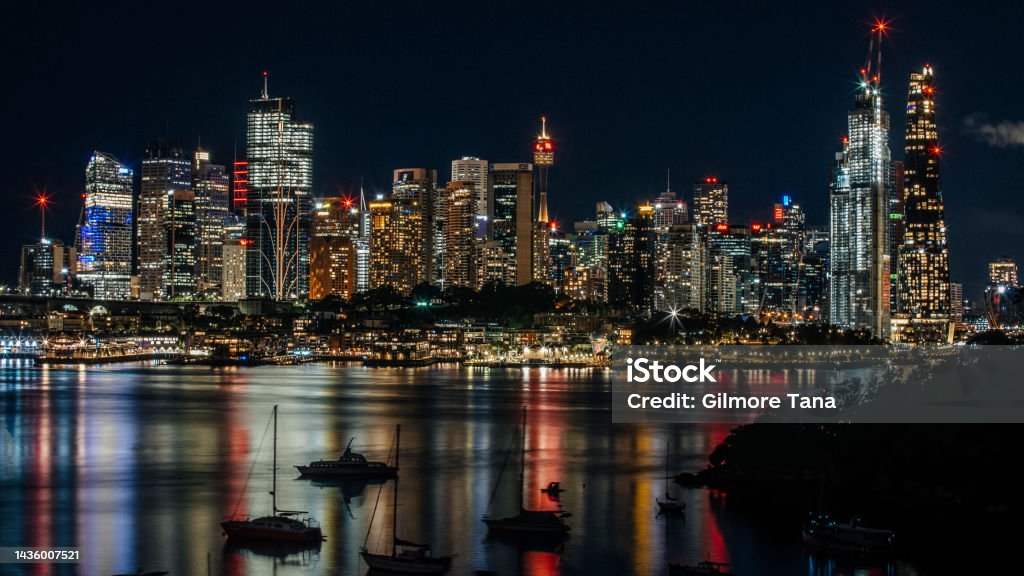 City lights, silhouettes and reflections. Night Stock Photo