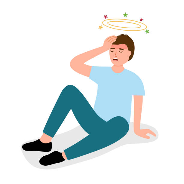 Sick man feeling dizzy in flat design on white background. Unwell guy with spinning stars above his head. vector art illustration