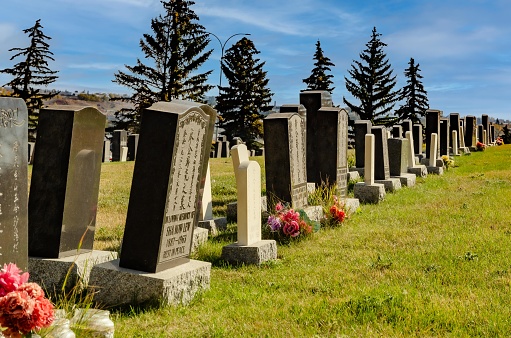 Ancient cemetery white marble crosses  in the sunlight in Lugo city, Galicia, Spain.