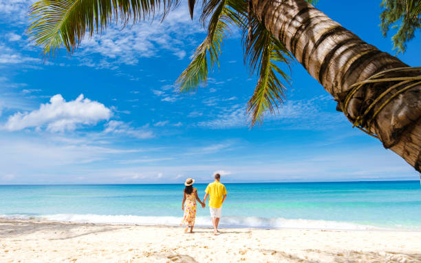 istock Couple walking on a tropical beach in Thailand 1436012390