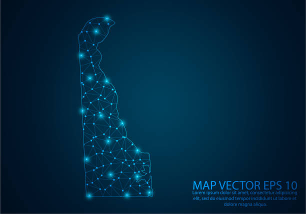 istock Abstract mash line and point scales on dark background with map of Delaware.3D mesh polygonal network line, design sphere, dot and structure. Vector illustration eps 10. 1436012460