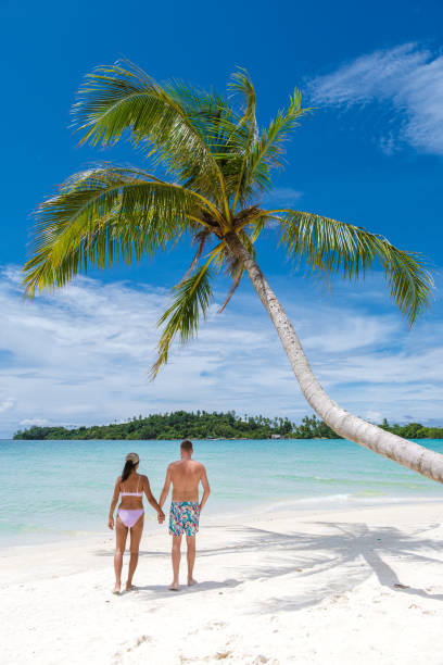 istock Men and women walking under a coconut palm tree on a tropical beach 1436012598