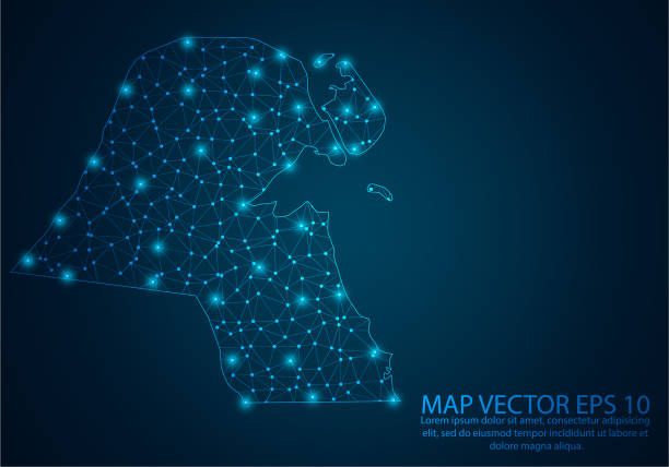 istock Abstract mash line and point scales on dark background with map of Kuwait.3D mesh polygonal network line, design sphere, dot and structure. Vector illustration eps 10. 1436012810