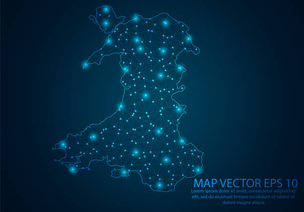 abstract mash line and point scales on dark background with map of wales.3d mesh polygonal network line, design sphere, dot and structure. vector illustration eps 10. - wales stock illustrations