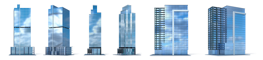 Set of skyscrapers isolated on the white background. 3d illustration