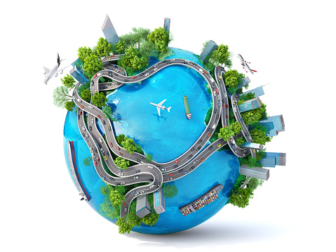 World shipping. Planet with traffic on a white background. 3d illustration