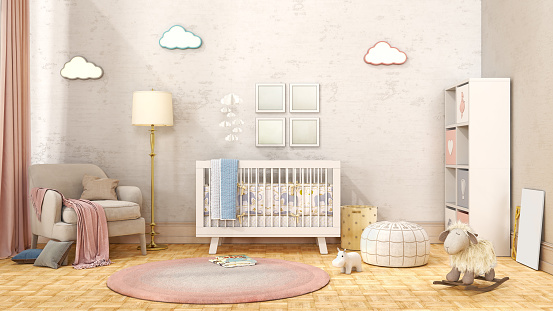 Soft pink and white girl's children room with cradle, cozy armchair, round rug, fluffy sheep toy and shelf with toys, 3d illustration