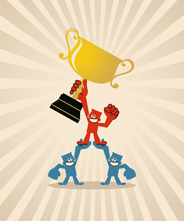 Blue Cartoon Characters Design Vector Art Illustration.
A group of businessmen cooperates to make a human pyramid to win a trophy, to Achieve Success.
