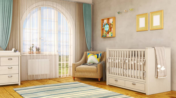 istock Homely spacious children room with large window, white cradle, changing table, armchair and other decoration, 3d illustration 1436015966