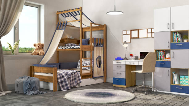 istock Modern children room with creative bunk bed, round rug and study area, 3d illustration 1436016588