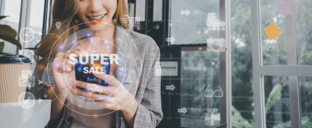 istock Happy Asian woman exciting experience using mobile payments online shopping after purchasing consumer goods at a discount in the black Friday sale. Cyber security internet and networking concept 1436017921