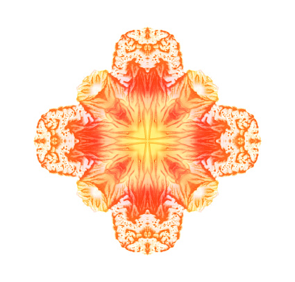 Isolated on white red, orange and yellow watercolor painted kaleidoscopic cross shape emblem on white paper. Fine abstract multicolor symmetric painting. Symmetrical artistic multicolored background. Bright color symmetric pattern.