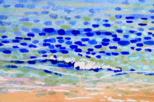 Watercolor painting of a wave at beach with resist technique, paraffin, salt effects, and fine splatter.  Painting by Judi Parkinson using her own photography resources.