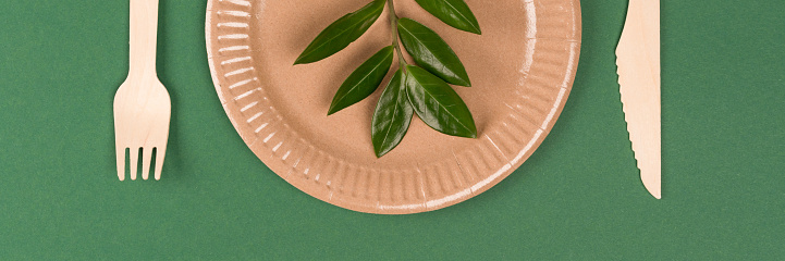 Banner with paper utensils. Kraft paper plate with wooden bamboo cutlery over green background and green leaves as a symbol of sustainable food packaging