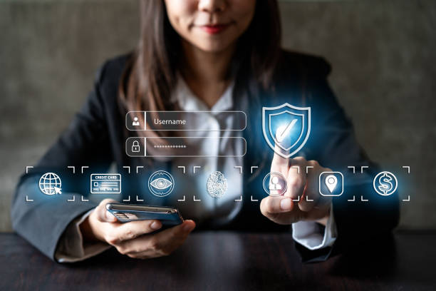 istock Businesswoman using smart devices with global network connection and cyber security business data protection technology 1436025528