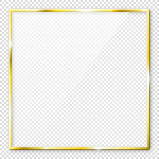 Vector illustration of Gold square shiny frame on transparent background.
