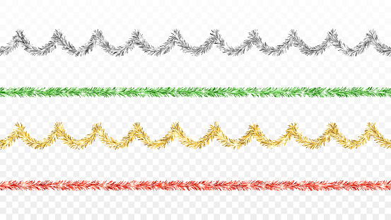 Vector festive tinsel garlands. Carefully layered and grouped for easy editing. This illustration is designed to make a smooth seamless pattern if you duplicate it horizontally to cover more space.