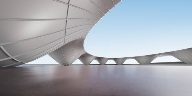istock 3d render of abstract futuristic architecture with concrete floor. 1436027378