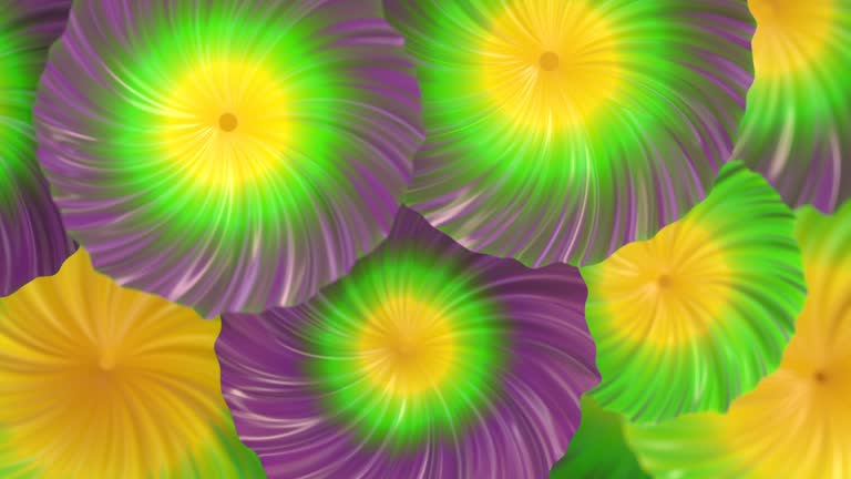 Blooming flower buds with magical pattern of neon stripes. Bright abstract background. Digital seamless loop animation. 3d rendering HD