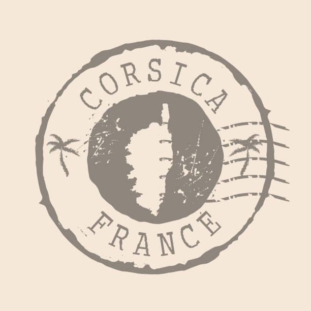 illustrazioni stock, clip art, cartoni animati e icone di tendenza di francobollo postale della corsica. mappa silhouette in gomma guarnizione.  design retro travel. mappa dei sigilli corsica della francia grunge per il tuo design.  eps10 - ajaccio