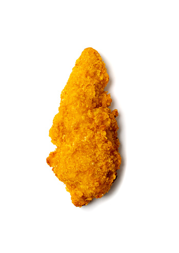 Chicken strips isolated. Breaded nuggets, crispy fry chicken breast, boneless meat, american deep fried crunchy fillet pieces on white background top view