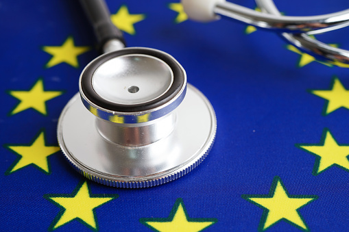 Black stethoscope on EU flag background, Business and finance concept.