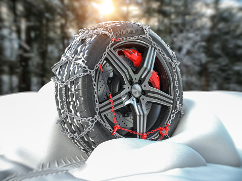 Car wheel with winter tire and snow chain in snow forest.  3d illustration