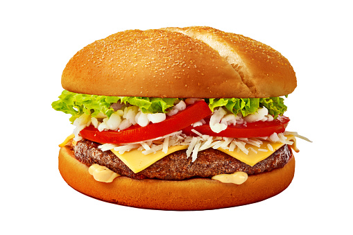 Fresh burger with beef patty isolated on white background, close up