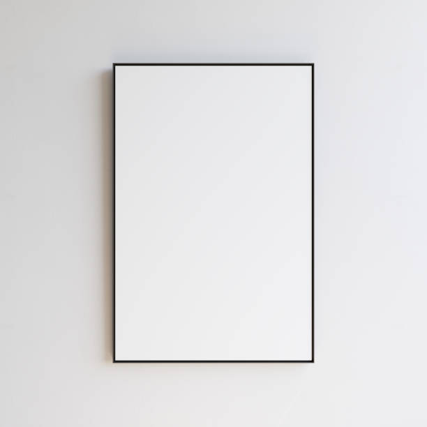 istock Blank picture with thin black border hanging on white wall, portrait orientation. Template for your content. 3D illustration. 1436030982