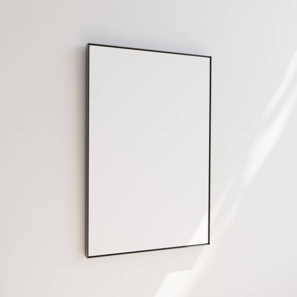 istock Portrait oriented blank picture on white wall, thin black metallic border. Template for your content. 3D illustration. 1436030991