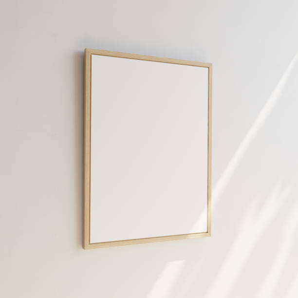 istock Single empty wooden picture frame on white background. Sun rays coming from outside. Template for your content. 3D illustration. 1436031076