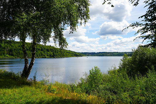 View of the Aabachtalsperre near Bad Wünnenberg. Aabach dam with the surrounding nature.
