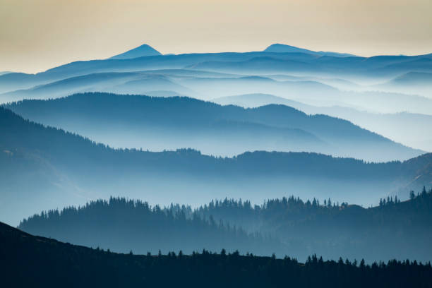 istock Misty mountain ridges in the morning. 1436033528