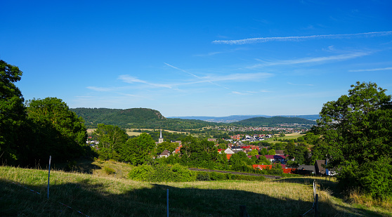 View from the Burgberg in Hoof. Wide view of the landscape and the village.