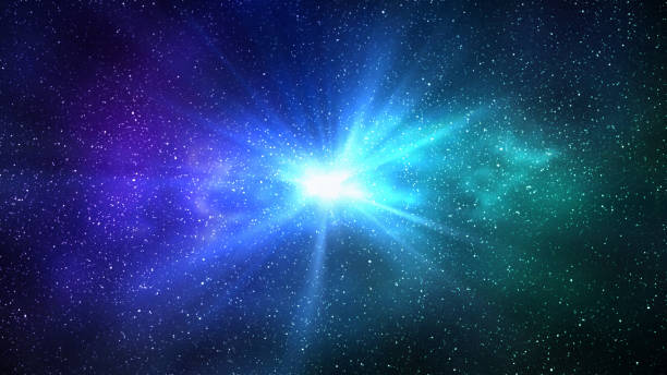 istock Burst of light in space. Night starry sky and bright blue green galaxy, horizontal background 1436034290